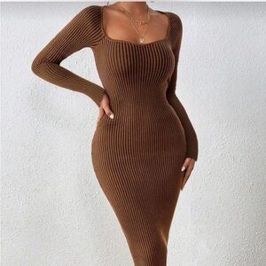 Elegant Brown Ribbed Knit Dress